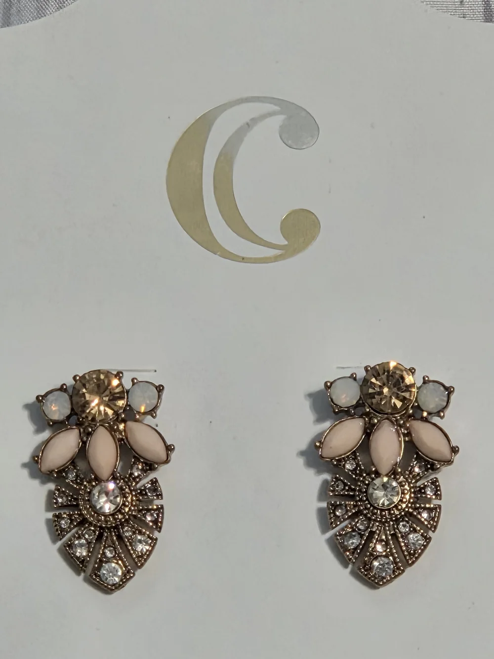 Charming Charlie Blush Pink Statement Necklace & Earring Set Antiqued Gold-Tone